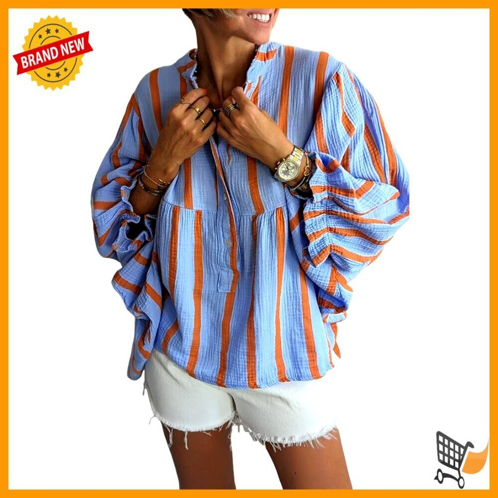 Oversized Babydoll Blouse with Puff Sleeves, V-Neck, Striped Cotton Button-Down
